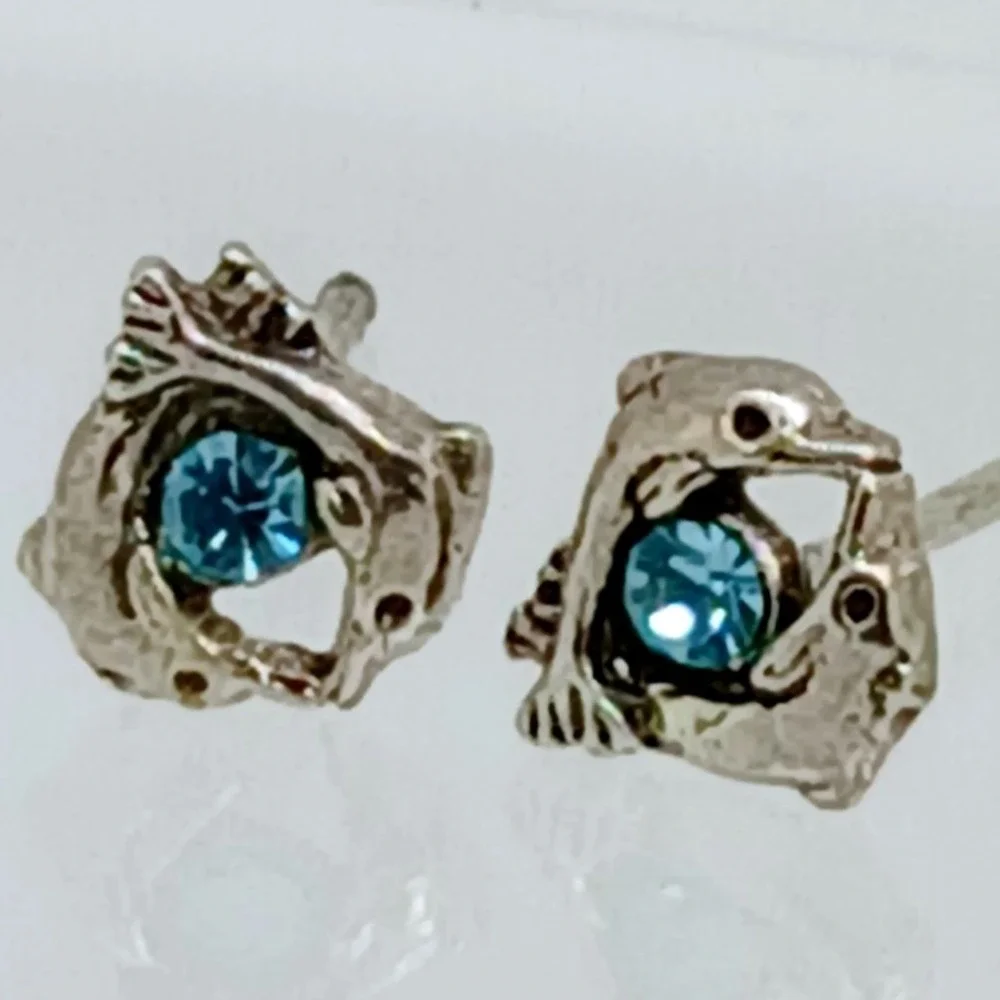 Sterling Silver 925 Dolphin Stud‎ Earrings Blue Crystal Nautical Vintage Jewelry